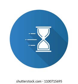 Flying hourglass flat design long shadow glyph icon. Sandglass. Flying time. Vector silhouette illustration