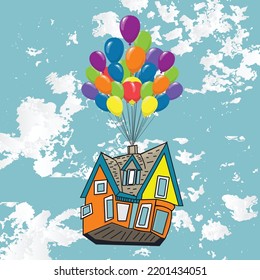 flying house with balloons, flying house up movie scene, colorful balloons, 