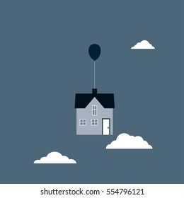 Flying house Vector illustration House rising in the gray sky on balloon among the clouds