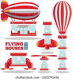 Flying houses. Isolated on white background. Vector illustration.