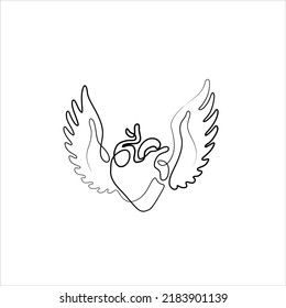 Flying human heart with wings, continuous line drawing, small tattoo, print for clothes and logo design, logo design, Heart Wings, Valentine's Day, greeting card, isolated abstract vector illustration
