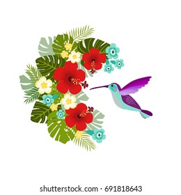 Flying hummingbird drinking nectar from tropical flower.Trendy tropical jungle design with palm, monstera leaf and hibiscus. Vector illustration.