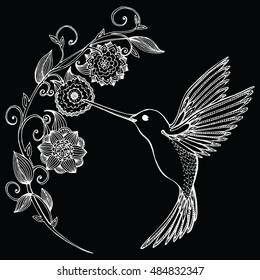 Flying Hummingbird. Hummingbird and flowers. Stylized bird. Hummingbird drinking nectar from flower. Line art. Drawing by hand. Doodle. Tattoo. Graphic arts.