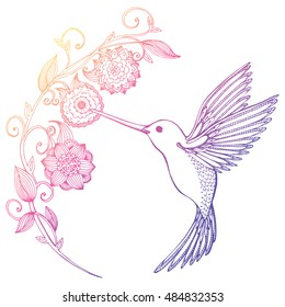 Flying Hummingbird. Hummingbird and flowers. Stylized bird. Hummingbird drinking nectar from flower. Line art. Drawing by hand. Doodle. Tattoo. Graphic arts.