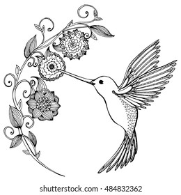 Flying Hummingbird. Hummingbird and flowers. Stylized bird. Hummingbird drinking nectar from flower. Line art. Drawing by hand. Doodle. Tattoo. Graphic arts.
