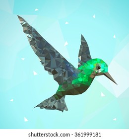 Flying hummingbird in low poly design style.