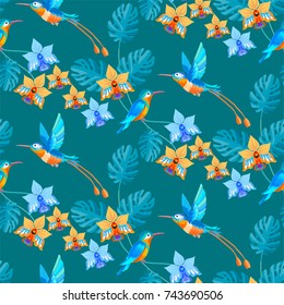 Flying hummingbird seamless pattern.