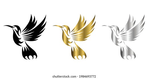 Colibrí volador de tres colores color oro negro línea de plata arte Ilustración vectorial sobre fondo blanco Adecuada para hacer logotipo