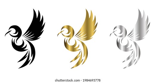 Flying hummingbird three color black gold silver line art Vector illustration on a white background Suitable for making logo