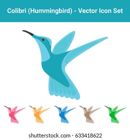 Flying hummingbirds or colibri vector set isolated on white background. Colorful colibri birds set suitable for nature or logo design