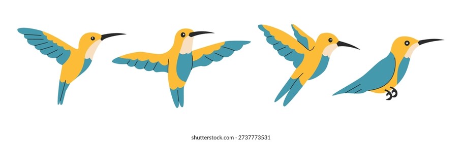 Flying Hummingbirds in different poses flat style.