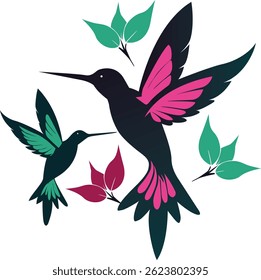 Flying Hummingbirds Mãe e Criança com Flores Silhueta Vetor. Design de logotipo de beija-flor colorido vibrante para uma marca com tema de natureza