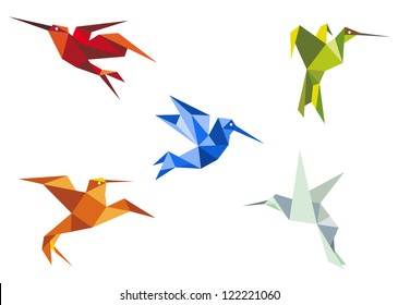 Flying hummingbirds in origami paper style on white background, such a logo template. Jpeg version also available in gallery