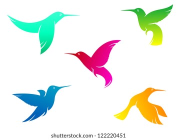 Flying hummingbirds set with color plumage isolated on white background, such a logo template. Jpeg version also available in gallery