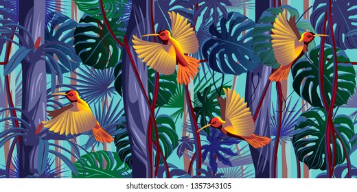 Flying hummingbirds in the thickets of a flowering rainforest. Handmade drawing vector illustration. Seamless Pattern.