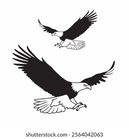 
flying hunting bald eagle black silhouette illustration design.