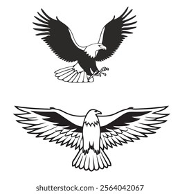 
flying hunting bald eagle black silhouette illustration design.