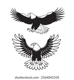 
flying hunting bald eagle black silhouette illustration design.