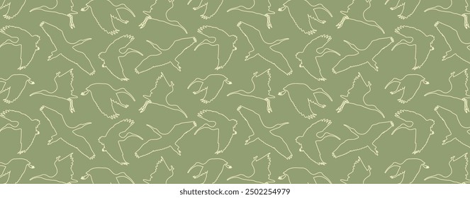 Flying ibis pattern. Birds outlines on green background. Vector seamless wallpaper with tropical birds of Trinidad and Tobago island