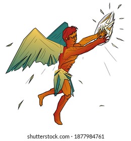 Flying Icarus with fire in his hands. On white background.