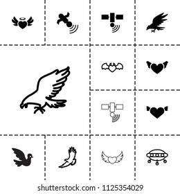 Flying icon. collection of 13 flying filled and outline icons such as heart with wings, heart angel wings, satellite, eagle, ufo. editable flying icons for web and mobile.