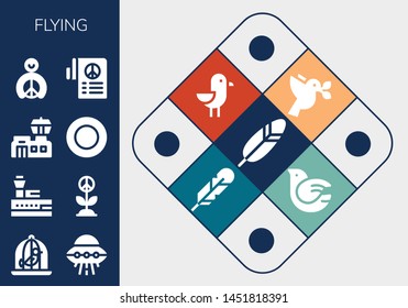 flying icon set. 13 filled flying icons.  Simple modern icons about  - Feather, Dove, Ufo, Control tower, Peace, Airport, Frisbee, Seagull