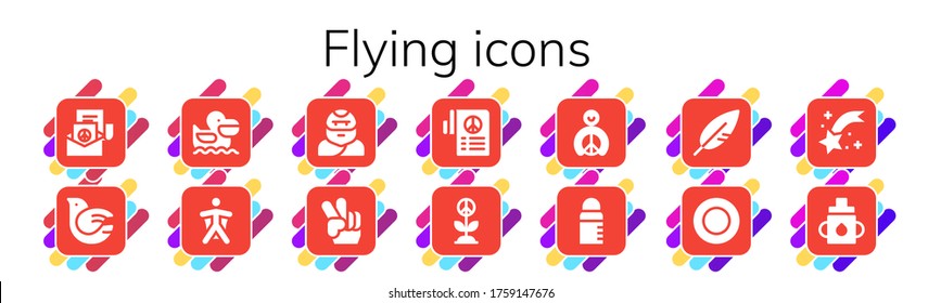 flying icon set. 14 filled flying icons. Included Peace, Dove, Pelican, Wingsuit, Troglodyte, Feeder, Feather, Frisbee, Shooting star icons