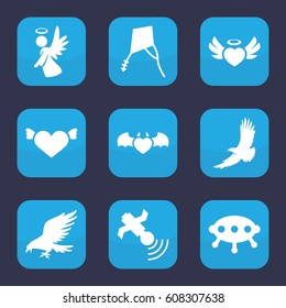 Flying icon. set of 9 filled flying icons such as eagle, heart with wings, heart angel wings, devil heart with wings, angel, satellite, kite