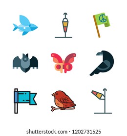 flying icon set. vector set about flag, bat, wind sign and butterfly icons set.
