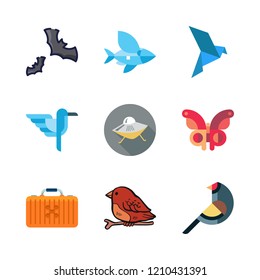 flying icon set. vector set about flying fish, hummingbird, butterfly and bats icons set.