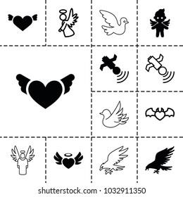 Flying icons. set of 13 editable filled and outline flying icons such as eagle, heart with wings, heart angel wings, angel, satellite, devil heart with wings