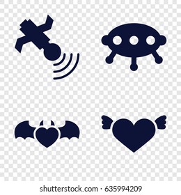 Flying icons set. set of 4 flying filled icons such as heart with wings, devil heart with wings, satellite