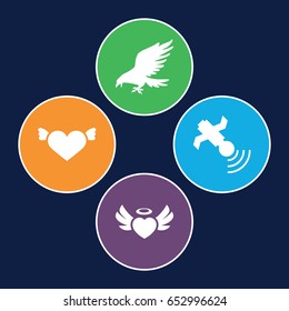 Flying icons set. set of 4 flying filled icons such as eagle, heart with wings, heart angel wings