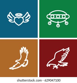 Flying icons set. set of 4 flying outline icons such as eagle, heart angel wings