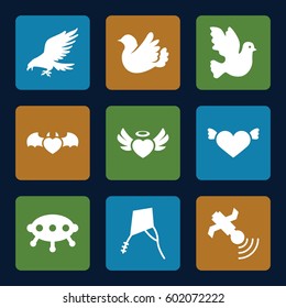 flying icons set. Set of 9 flying filled icons such as eagle, heart with wings, heart angel wings, devil heart with wings, bird, satellite, kite
