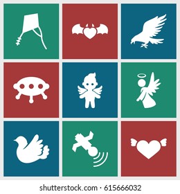 Flying icons set. set of 9 flying filled icons such as eagle, heart with wings, devil heart with wings, bird, angel, satellite, kite