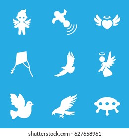 Flying icons set. set of 9 flying filled icons such as eagle, heart angel wings, angel, satellite, kite, UFO