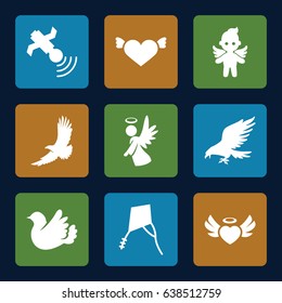 Flying icons set. set of 9 flying filled icons such as eagle, heart with wings, heart angel wings, bird, angel, satellite