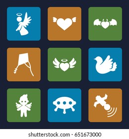 Flying icons set. set of 9 flying filled icons such as heart with wings, heart angel wings, devil heart with wings, bird, angel, satellite, kite
