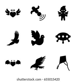 Flying icons set. set of 9 flying filled icons such as eagle, heart angel wings, devil heart with wings, angel, satellite, kite, ufo