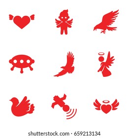 Flying icons set. set of 9 flying filled icons such as eagle, heart with wings, heart angel wings, bird, angel, satellite