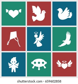 Flying icons set. set of 9 flying filled icons such as eagle, heart with wings, heart angel wings, bird, angel, kite