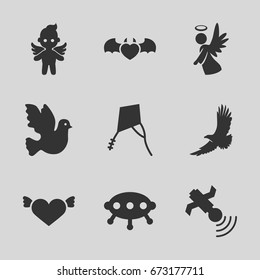 Flying icons set. set of 9 flying filled icons such as eagle, heart with wings, devil heart with wings, angel, satellite, kite, ufo