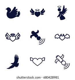 Flying icons set. set of 9 flying filled and outline icons such as eagle, heart angel wings, bird, angel, satellite, devil heart with wings
