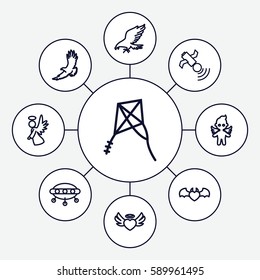 flying icons set. Set of 9 flying outline icons such as eagle, heart angel wings, devil heart with wings, angel, satellite, kite