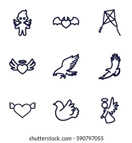 flying icons set. Set of 9 flying outline icons such as eagle, heart angel wings, devil heart with wings, bird, angel, kite