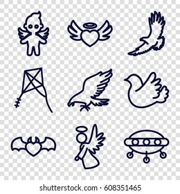 Flying icons set. set of 9 flying outline icons such as eagle, heart angel wings, devil heart with wings, bird, angel, kite