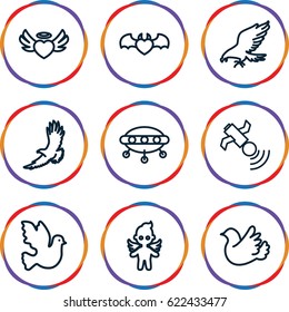Flying icons set. set of 9 flying outline icons such as eagle, heart angel wings, devil heart with wings, bird, angel, satellite