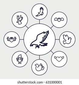 Flying icons set. set of 9 flying outline icons such as eagle, heart angel wings, devil heart with wings, bird, angel