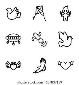 Flying icons set. set of 9 flying outline icons such as eagle, heart angel wings, bird, angel, satellite, kite 